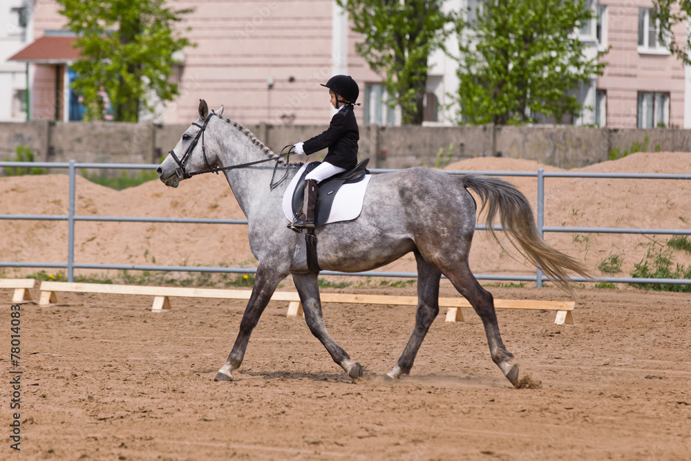 Little girl riding a horse participates in competitions Little girl riding a horse participates in competitions