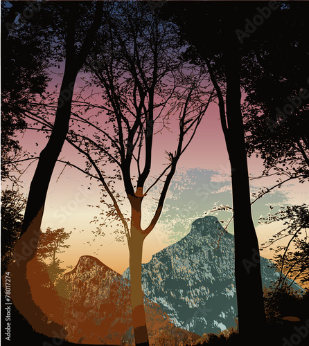 Mountain landscape with silhouettes of trees at sunset