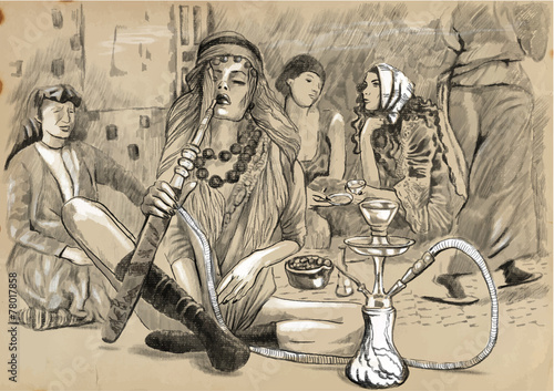 Smoking Hookah (Harem) - An hand drawn vector
