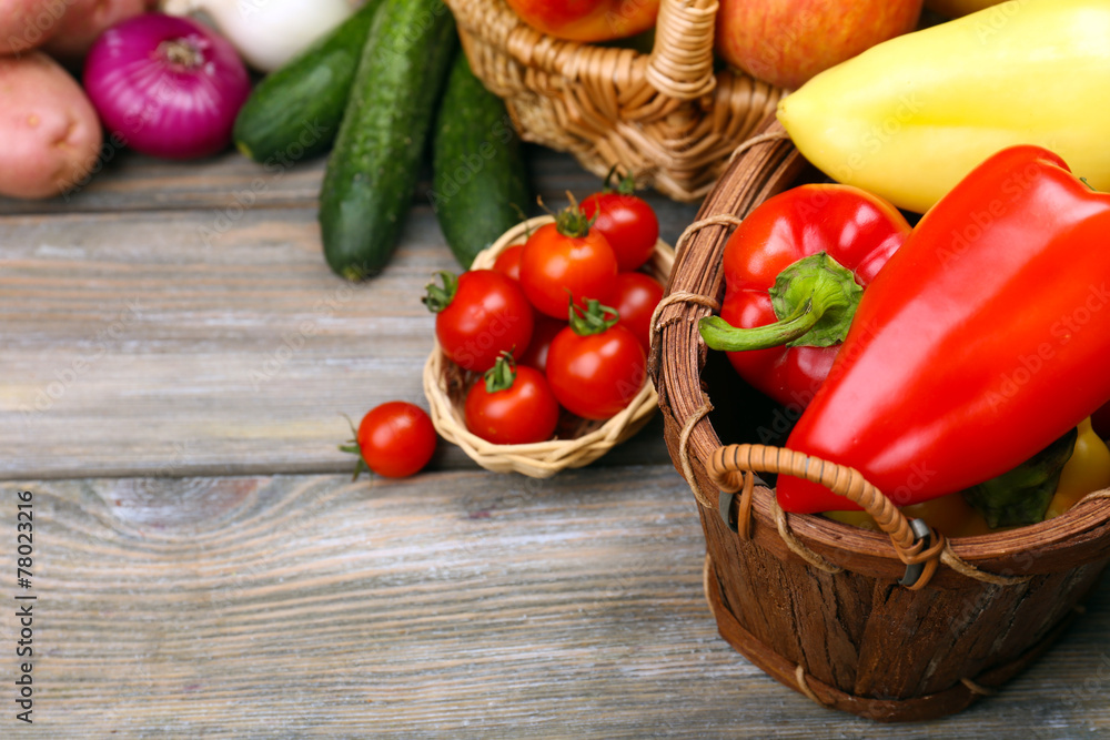 Fresh organic vegetables and fruits on wooden background Fresh organic vegetables and fruits on wooden background