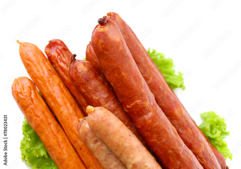 Assortment of thin sausages with lettuce salad leaves, Assortment of thin sausages with lettuce salad leaves,