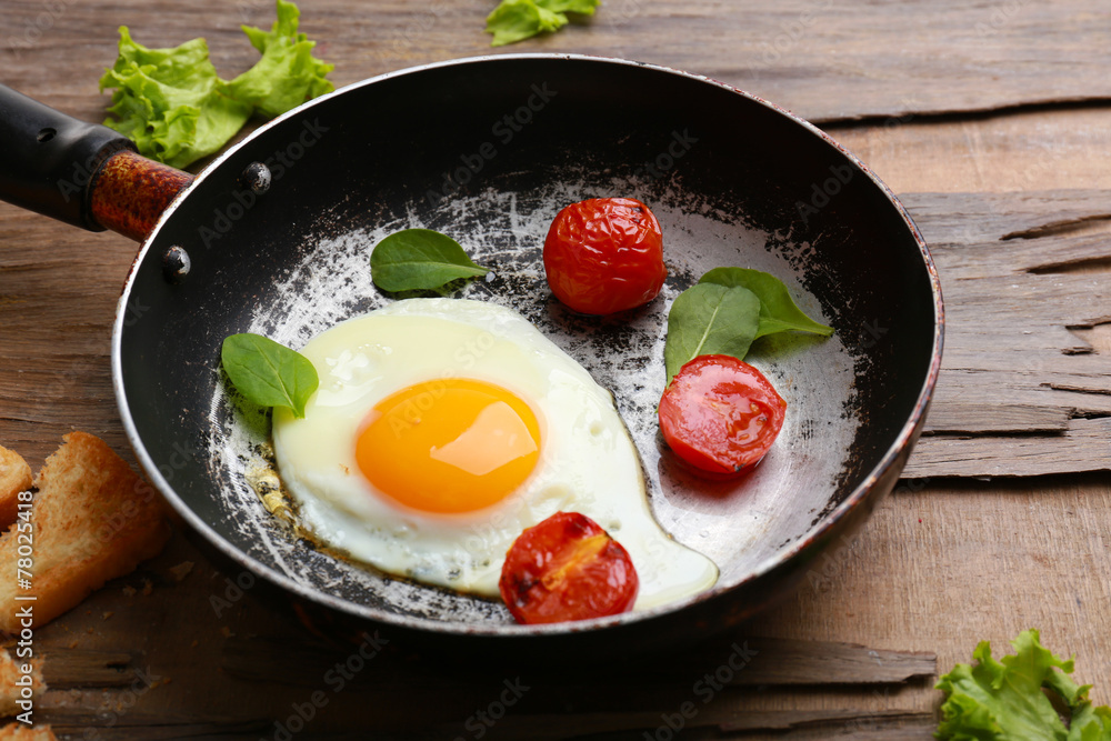 Bacon and eggs on rustic wooden planks background Bacon and eggs on rustic wooden planks background