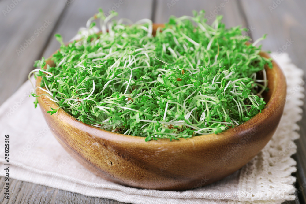 Fresh cress salad in bowl on napkin and wooden planks Fresh cress salad in bowl on napkin and wooden planks