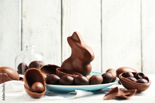 Chocolate Easter eggs and rabbit