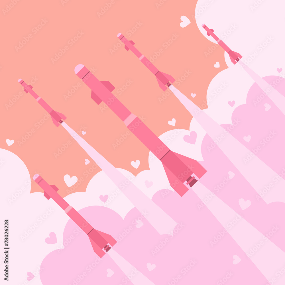 Flat design of love bombs flying into sky Flat design of love bombs flying into sky