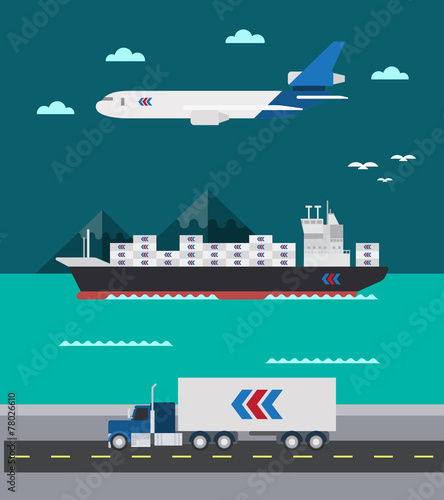 Flat design of cargo transportation sea air land