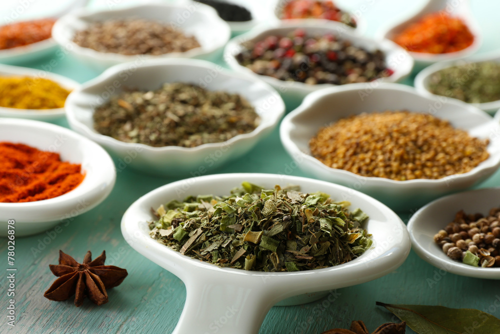 Different kinds of spices in ceramics spoons, close-up, Different kinds of spices in ceramics spoons, close-up,