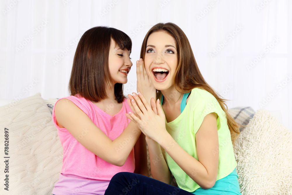 Two girls smiling on home interior background Two girls smiling on home interior background