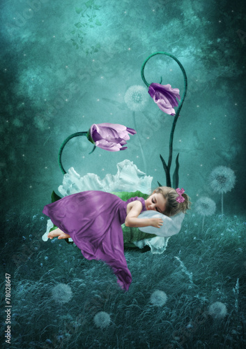 Canvas Print Sleeping little girl in magical forest