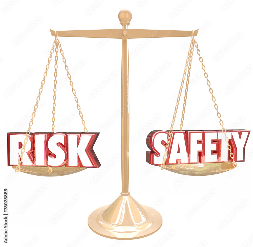 Risk Vs Safety Words Balance Scale Comparing Danger Options Stock