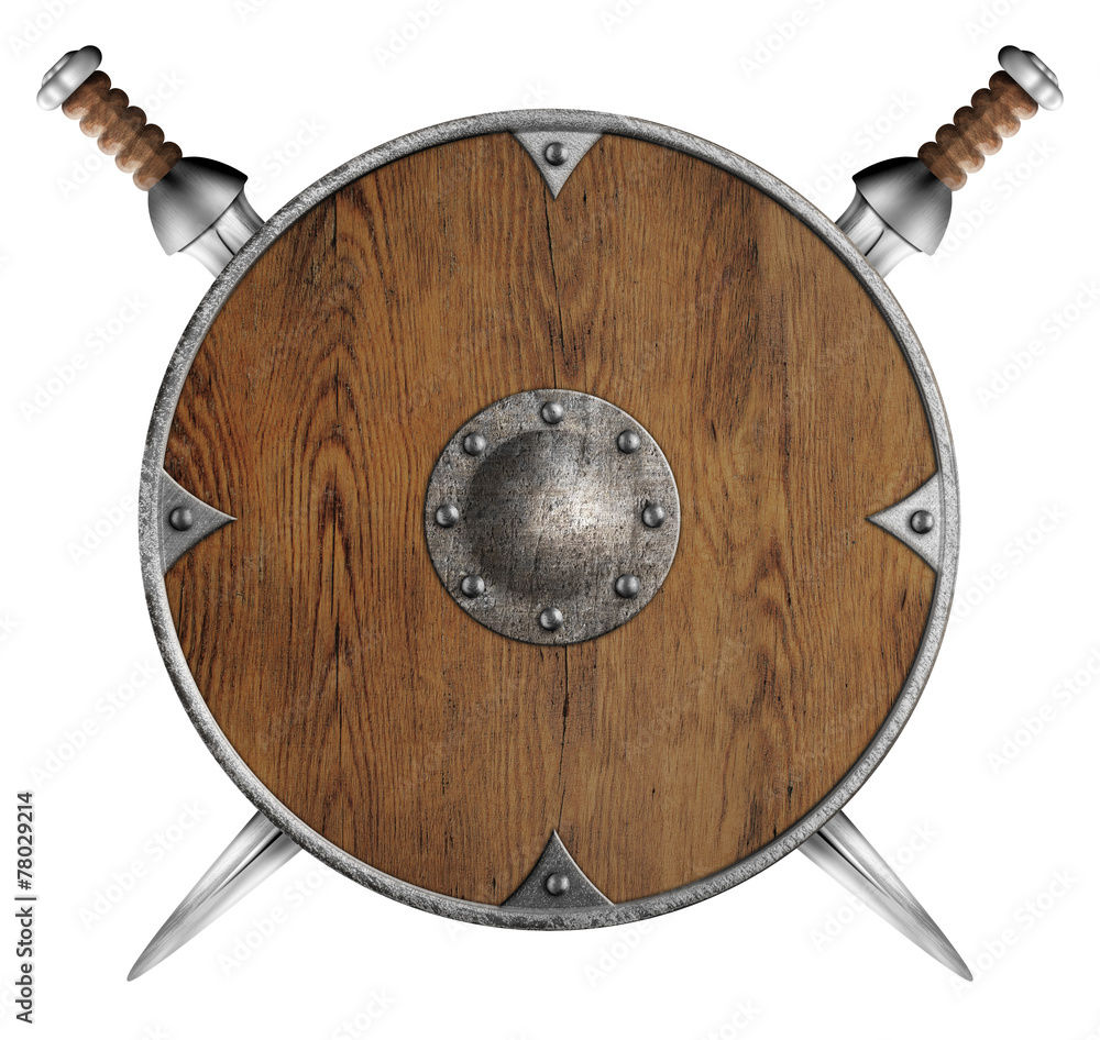 Naklejka premium old wooden round shield and two crossed swords isolated