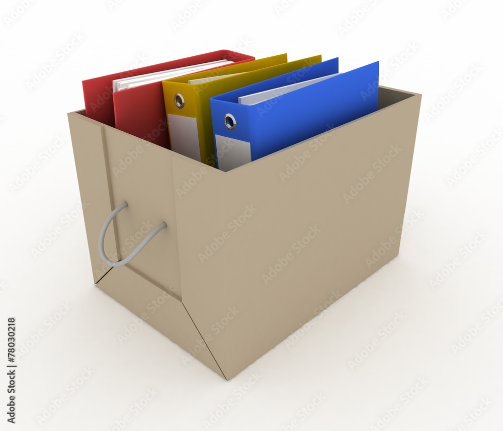 office folders in cardboard box on white background office folders in cardboard box on white background