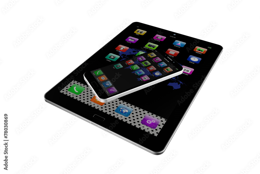 Tablet with mobile phone colorful application icons, isolated Tablet with mobile phone colorful application icons, isolated