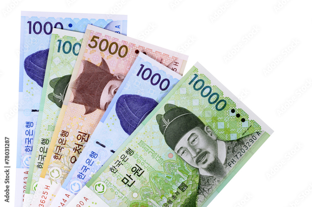 Obraz premium Korean Won currency bills fan shape various isolated white background photo