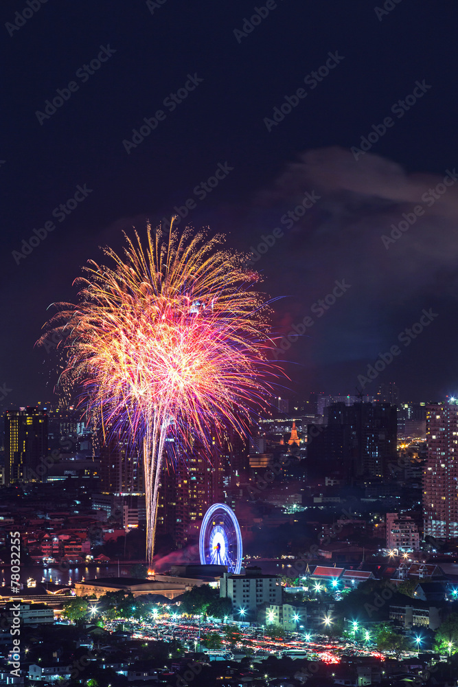Bangkok cityscape and village view with fireworks night scene Bangkok cityscape and village view with fireworks night scene