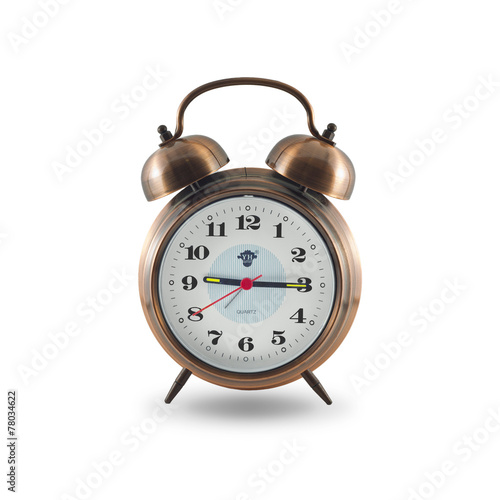 Metal alarm clock isolated on white background.