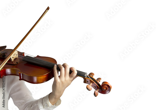 Beautiful young woman playing violin over white background