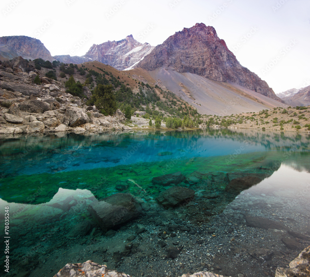 deep blue lake in Fann mountains at sunrise