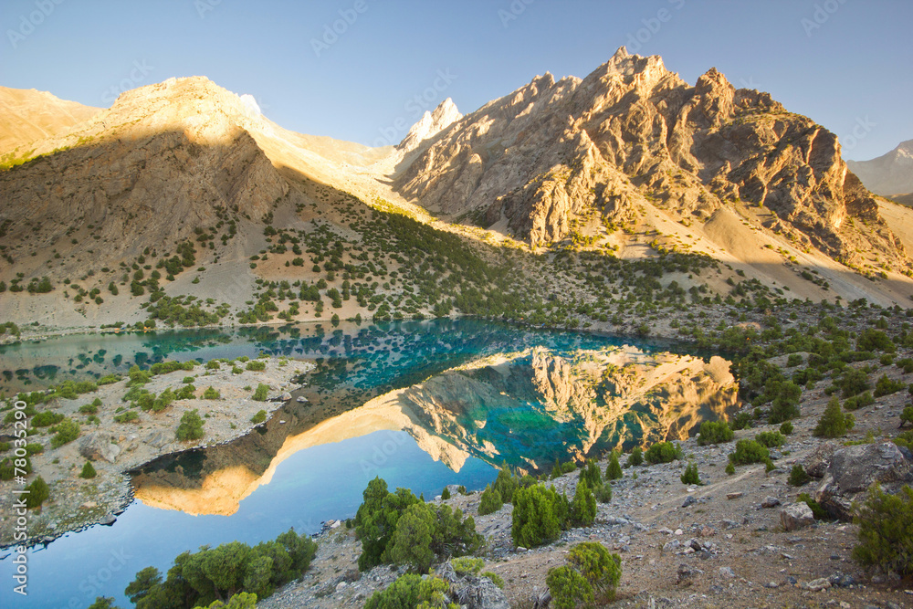 blue mountain lake at sunrise