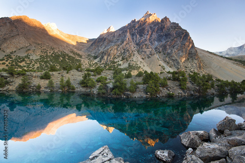 blue mountain lake at sunset