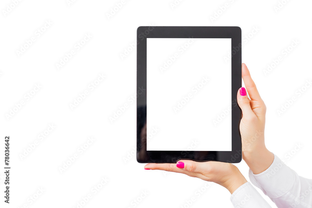 Woman holding ipad with empty white screen Woman holding ipad with empty white screen