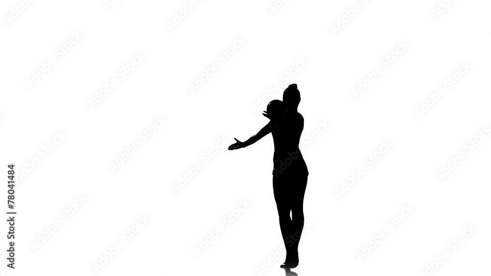 Silhouettes Gymnast plays with a ball, nice trick, white Silhouettes Gymnast plays with a ball, nice trick, white