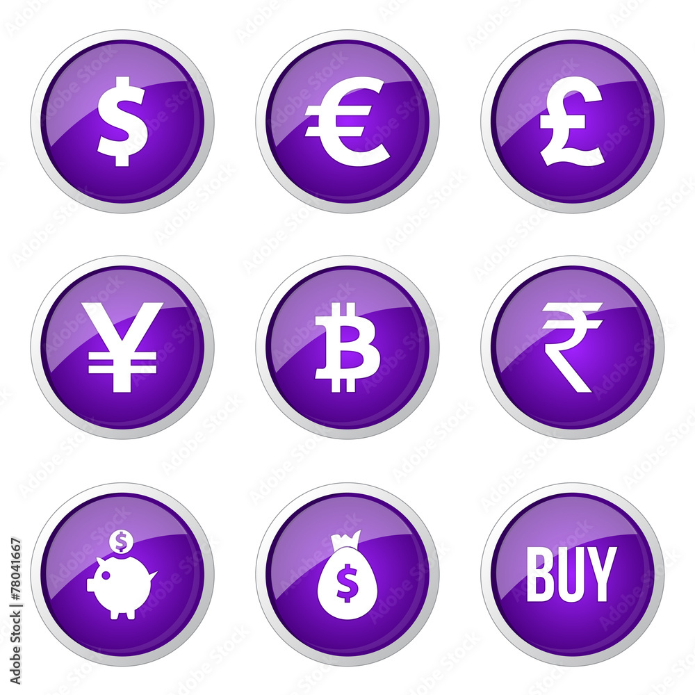 Currency Sign Violet Vector Button Icon Design Set Currency Sign Violet Vector Button Icon Design Set
