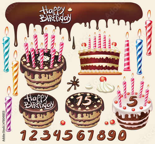 Set with Chocolate cakes and birthday decoration