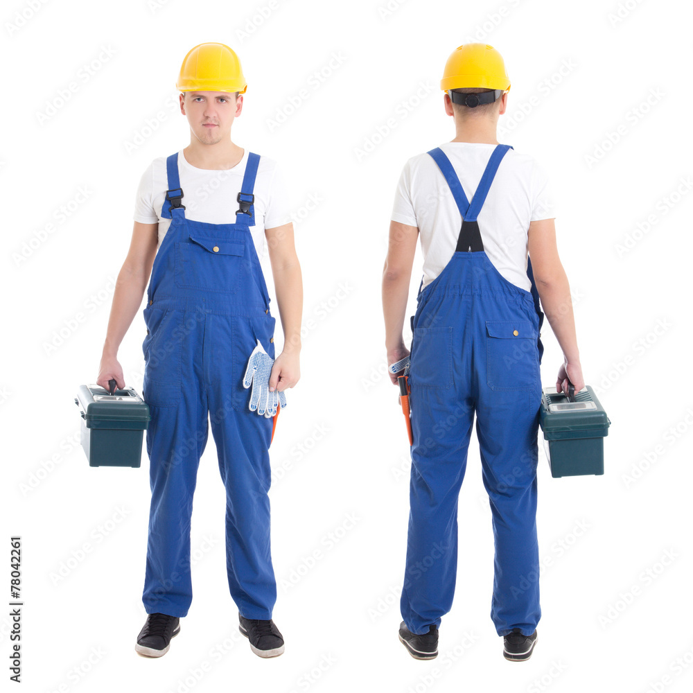 front and back view of man in builder uniform and helmet with to front and back view of man in builder uniform and helmet with to