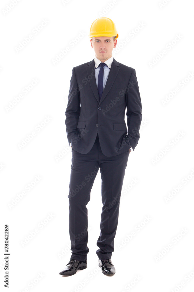 young business man in yellow helmet isolated on white young business man in yellow helmet isolated on white