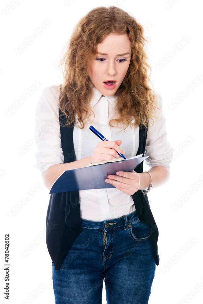 Surprised young business woman with pen and tablet for notes. Surprised young business woman with pen and tablet for notes.