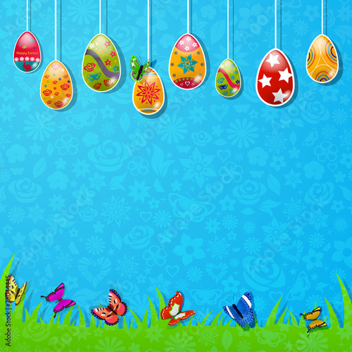 Easter background with eggs and butterflies made of paper