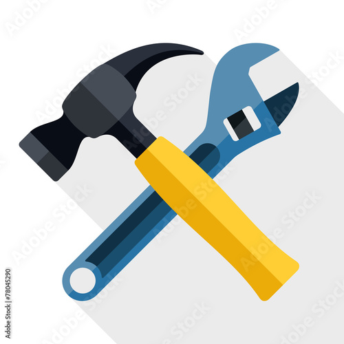 Hammer and wrench icon with long shadow on white background
