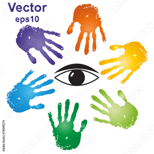 Conceptual human hand print with an eye symbol