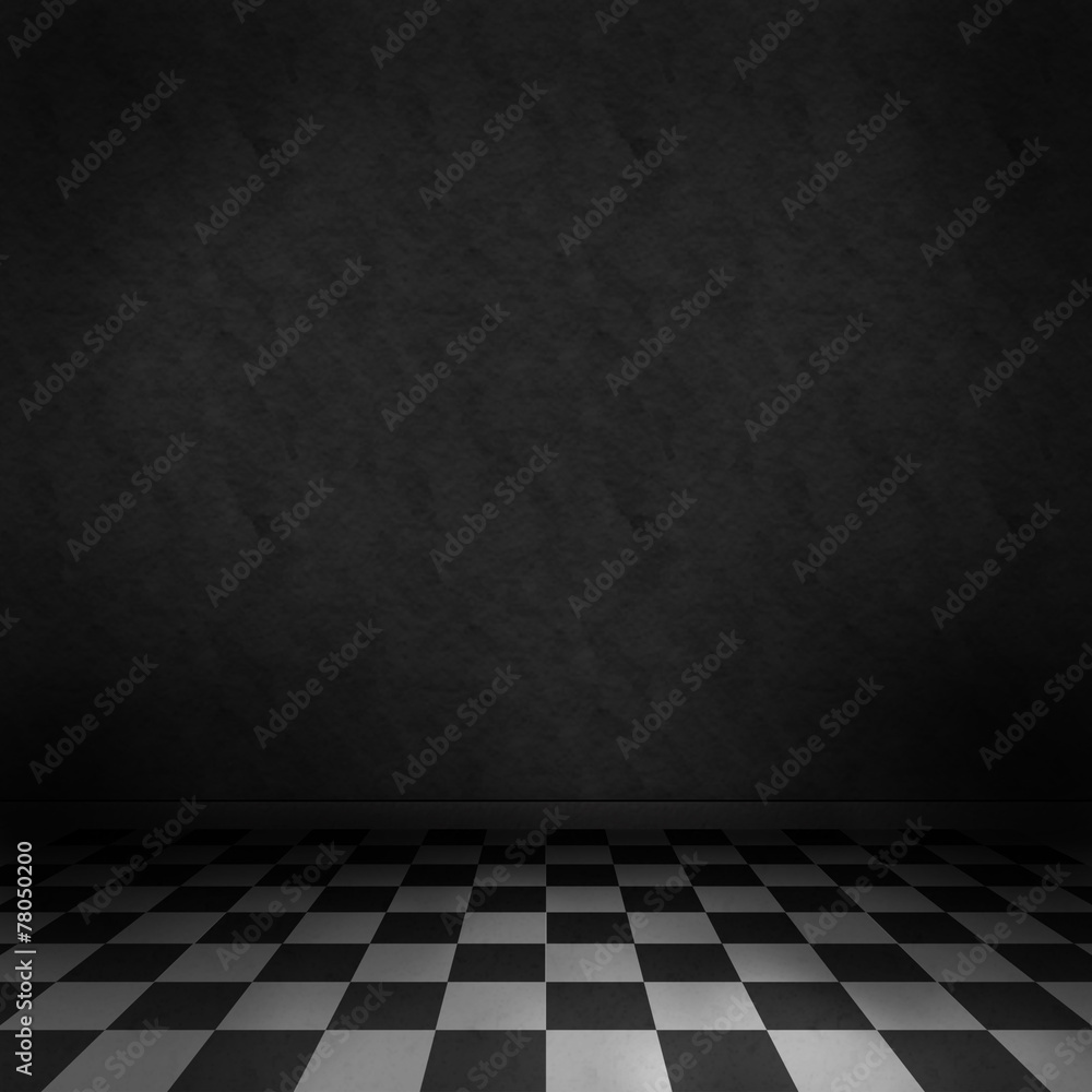 Dark room background with black and white checker floor