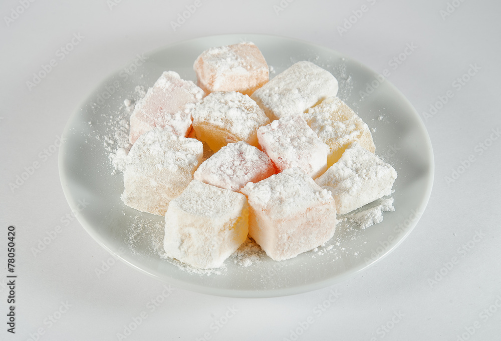 Turkish Delight closeup in powdered sugar Turkish Delight closeup in powdered sugar