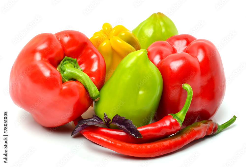 Sweet pepper, chili pepper and basil isolated on white