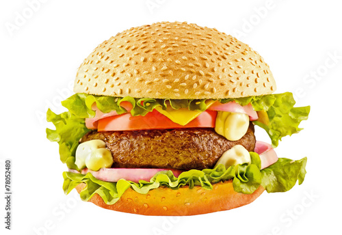 Big hamburger with beef cutlet and vegetables on white backgound