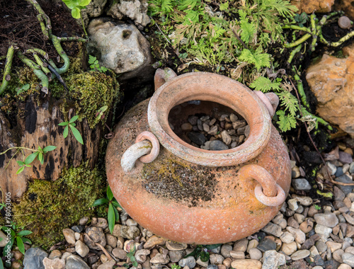 Mini garden decoration by pottery jar, pottery pitcher