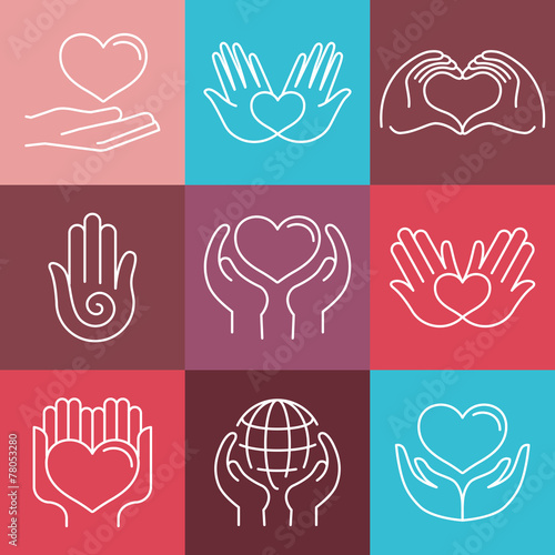 Vector love and care round emblems in linear style