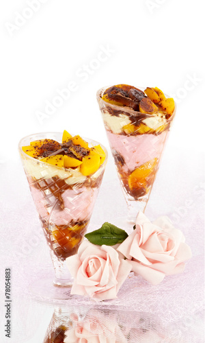 Sweet dessert with pudding and apricots