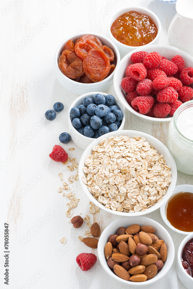 cereal and various delicious ingredients for breakfast, vertical cereal and various delicious ingredients for breakfast, vertical