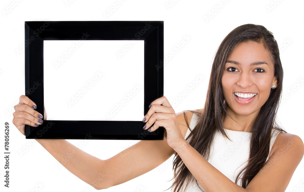 Closeup portrait beautiful woman holding picture frame Closeup portrait beautiful woman holding picture frame