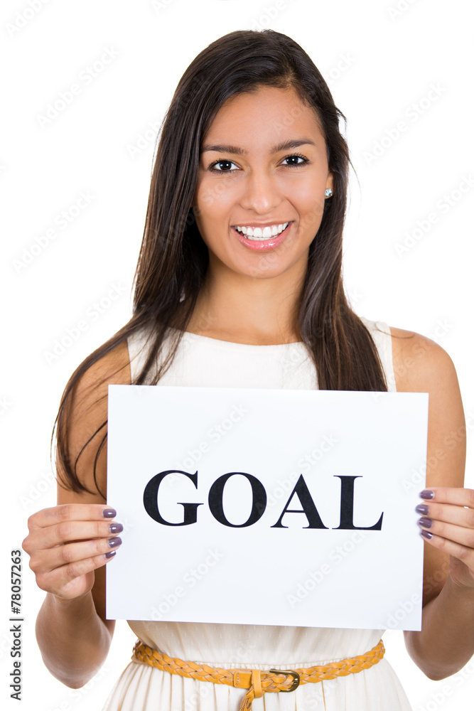 Happy woman with goal sign isolated on white background Happy woman with goal sign isolated on white background