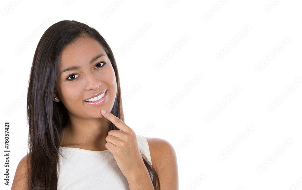 Portrait happy beautiful woman thinking looking at camera Portrait happy beautiful woman thinking looking at camera