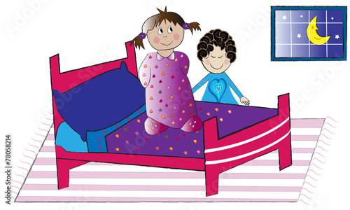 Niña subida en la cama y su madre.