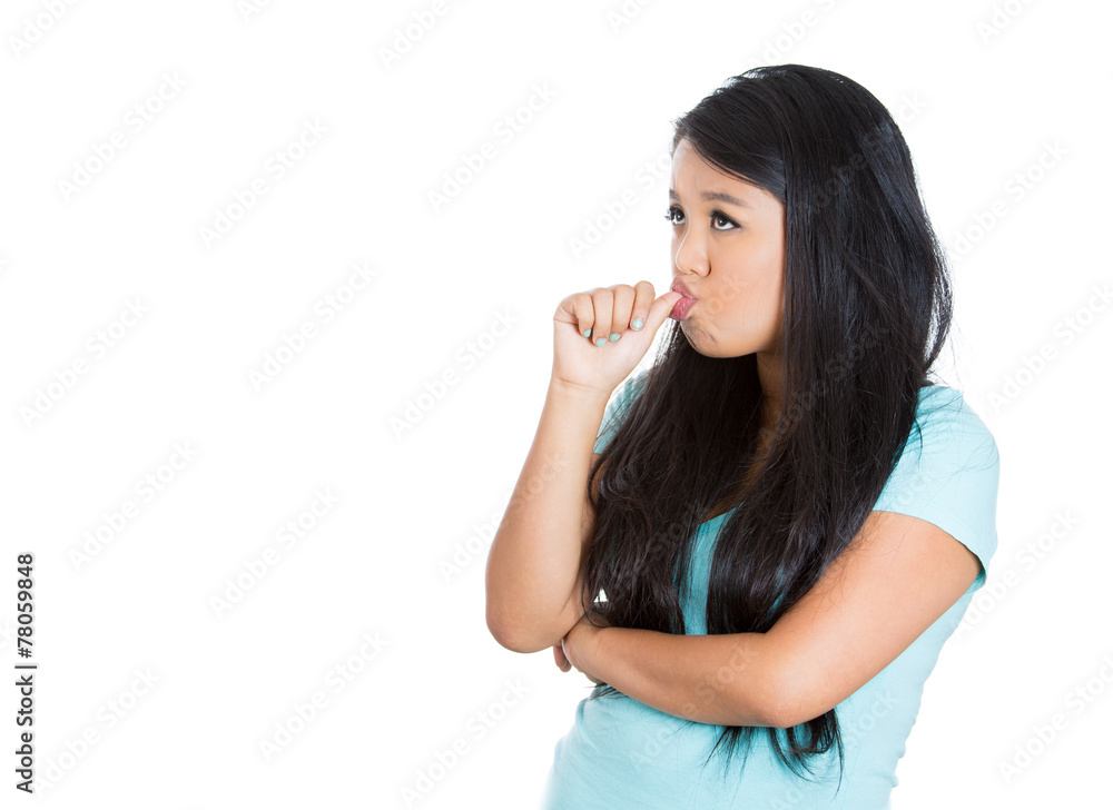 Clueless lazy young woman sucking thumb doing nothing Clueless lazy young woman sucking thumb doing nothing