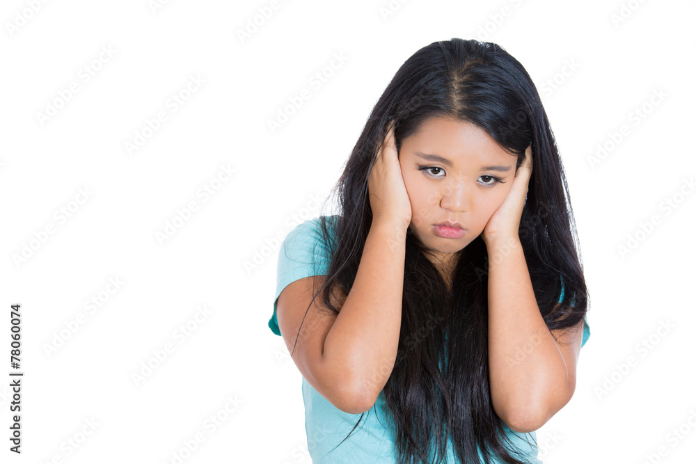 Headshot sad gloomy young woman worried about future Headshot sad gloomy young woman worried about future