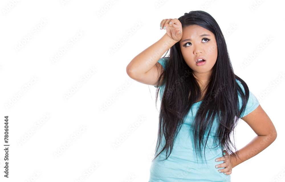 Portrait annoyed unhappy young woman tired of routine Portrait annoyed unhappy young woman tired of routine