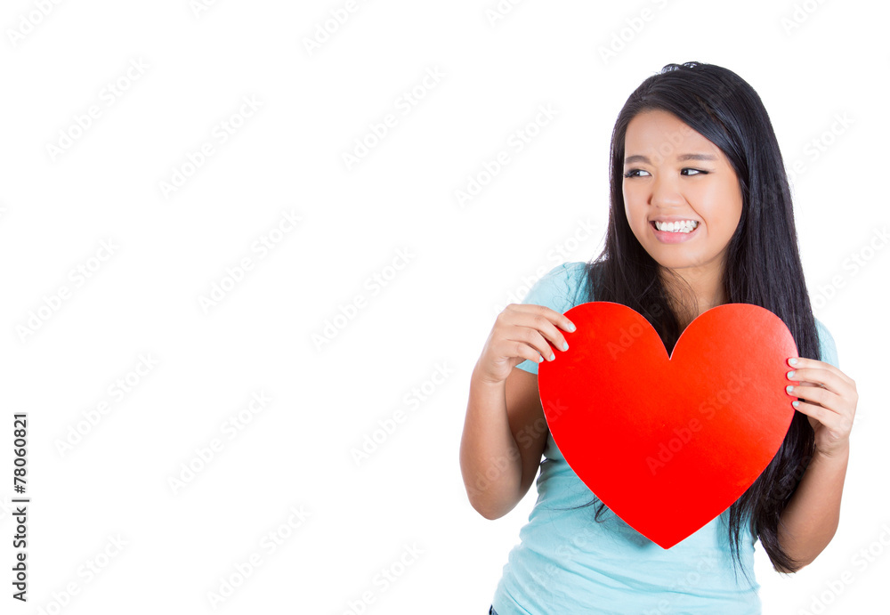 Portrait smiling cute woman with heart in love Portrait smiling cute woman with heart in love